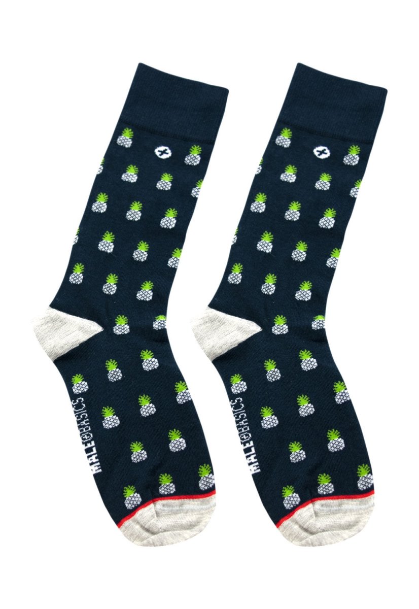 Malebasics fun sock pineapple navy blue socks with green and white pineapple pattern and red toe and heel trim