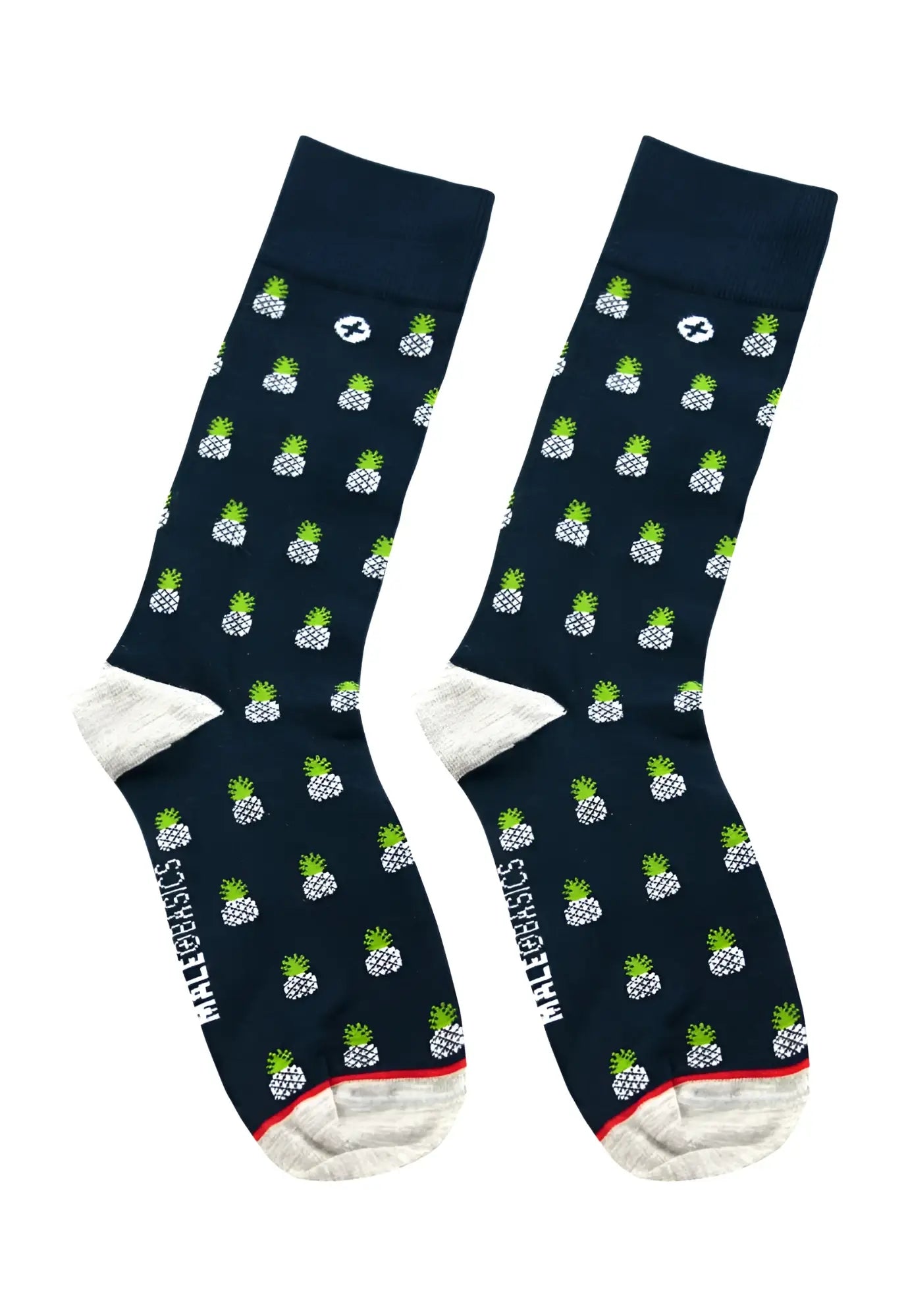 Malebasics fun sock pineapple navy blue socks with green and white pineapple pattern and red toe and heel trim