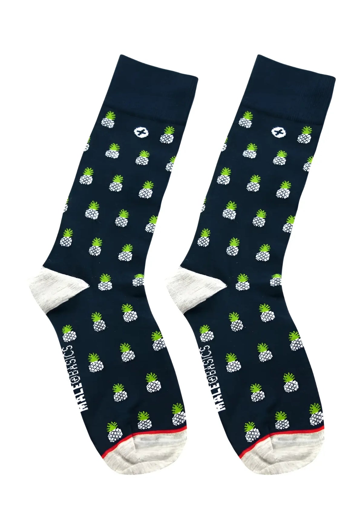 Malebasics fun sock pineapple navy blue socks with green and white pineapple pattern and red toe and heel trim