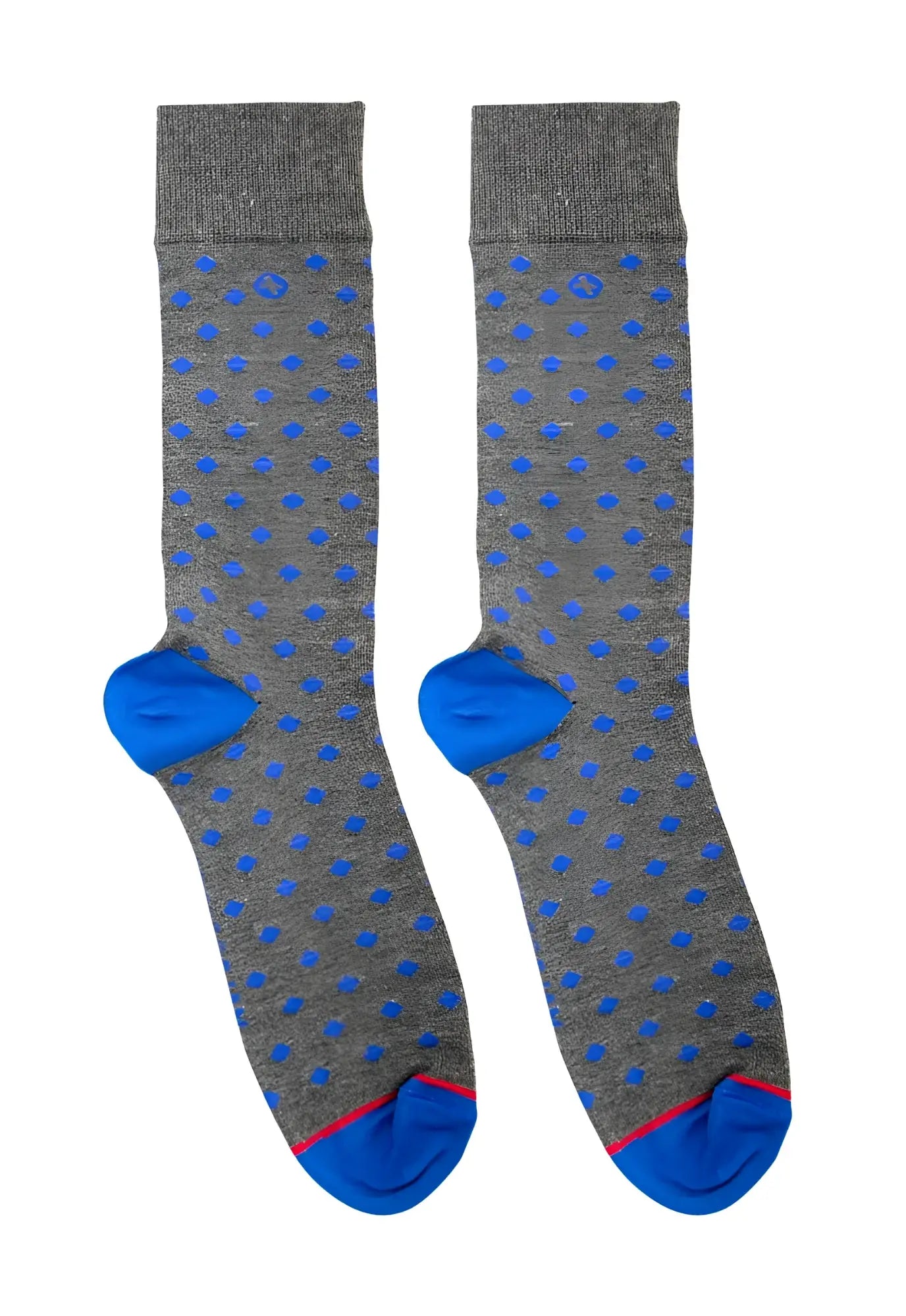 Malebasics fun sock rombos gray socks with blue polka dots bright blue toe caps and pink heel trim