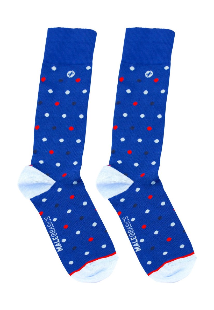 Malebasics fun socks polka blue socks with red white and black dots white toe heel and millebasics branding