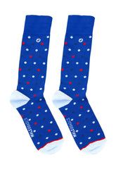 Malebasics fun socks polka blue socks with red white and black dots white toe heel and millebasics branding