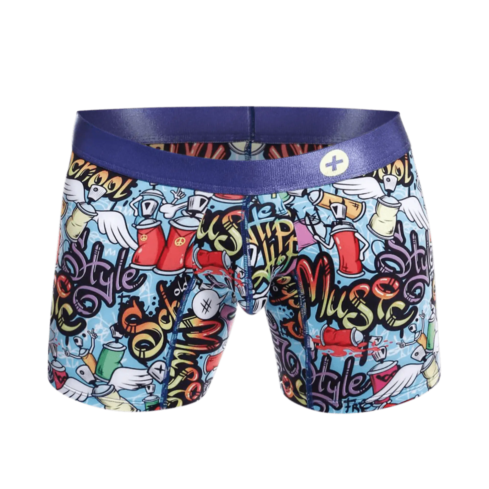 Malebasics hipster boxer briefs with a blue waistband and vibrant graffiti design featuring spray cans wings style and music