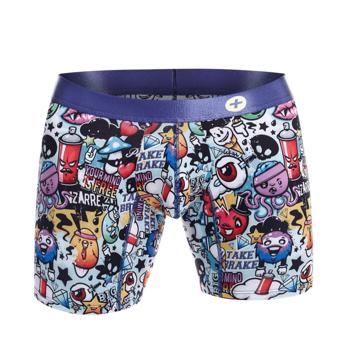 Malebasics hipster boxer brief comics with vibrant graffiti print colorful cartoon characters and purple waistband