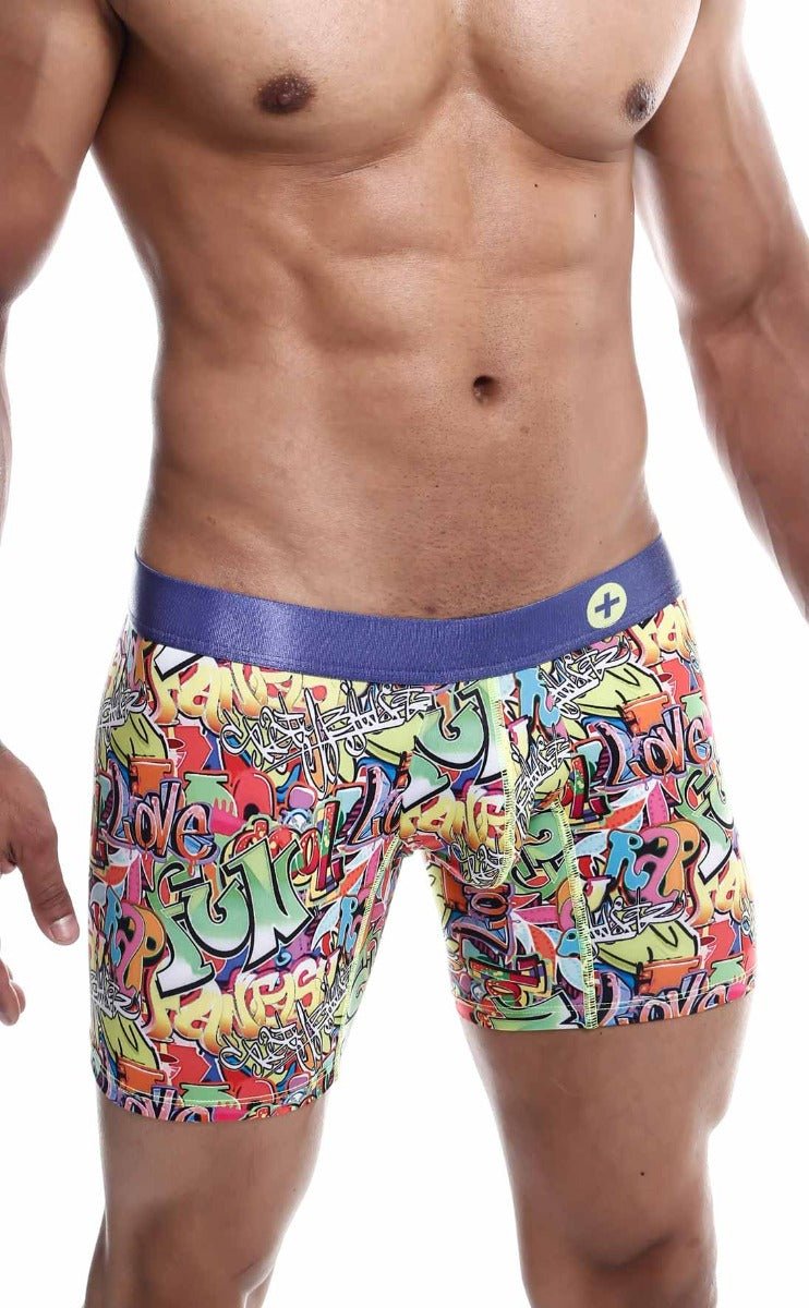 MaleBasics hipster boxer briefs with vibrant graffiti pattern and solid purple waistband for comfortable daily wear