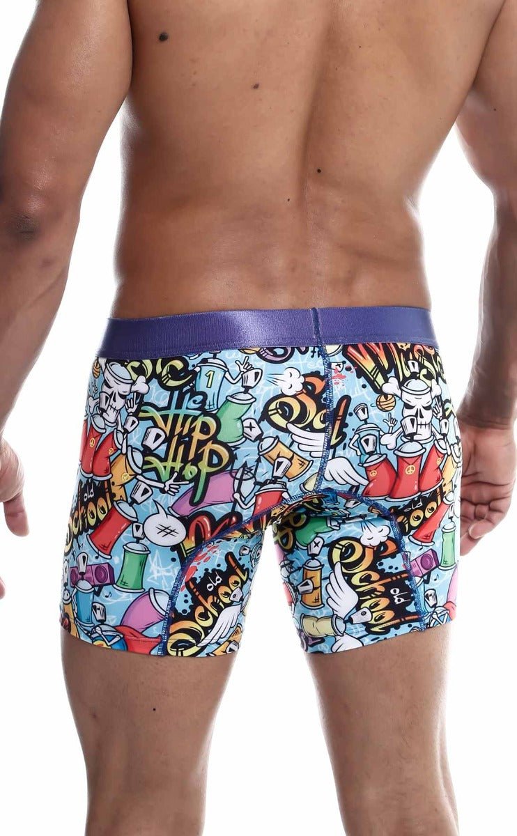MaleBasics hipster boxer brief comics feature vibrant graffiti-themed colorful cartoon graphics with a purple waistband
