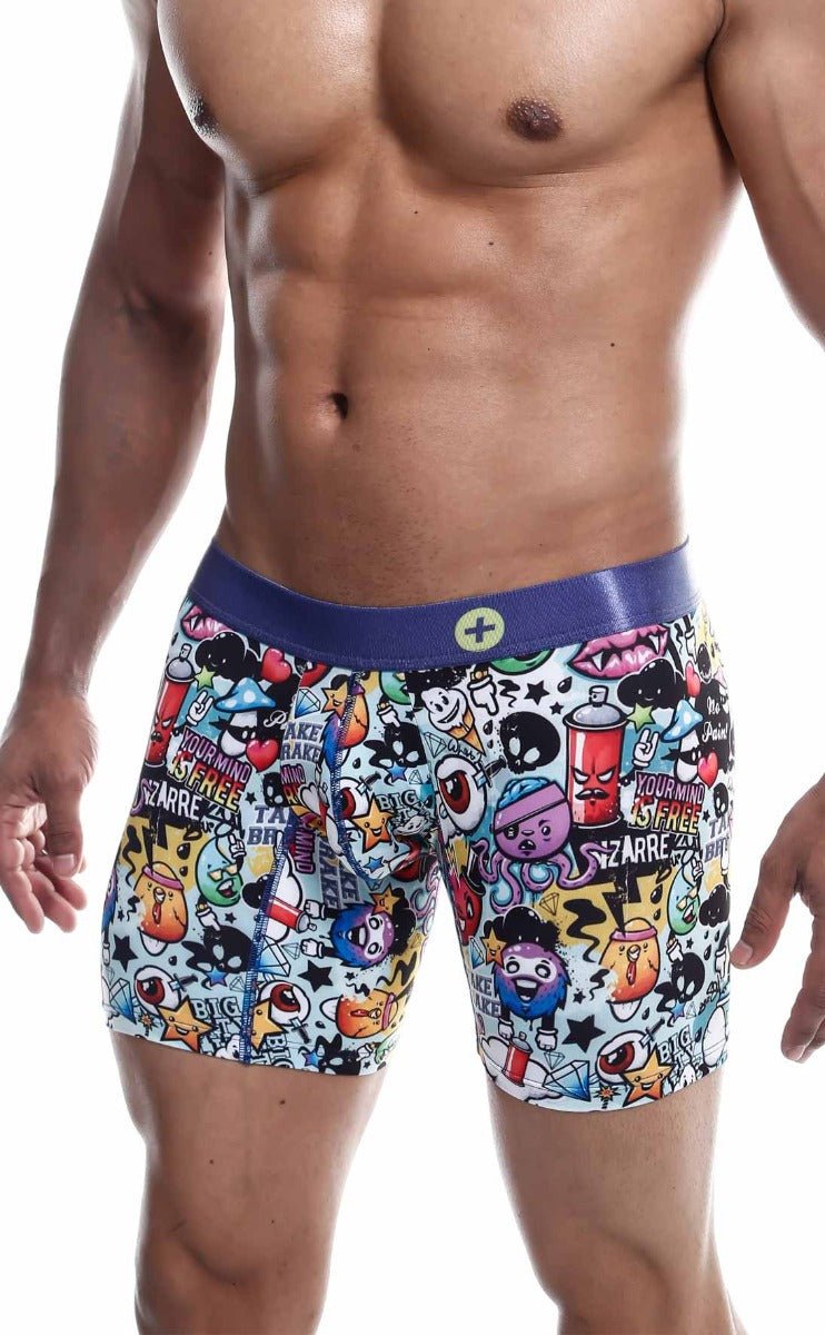Malebasics hipster boxer brief comics with vibrant graffiti print and bold purple waistband for comfortable wear