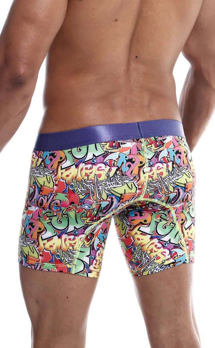 Malebasics hipster boxer brief comics featuring vibrant graffiti pattern with solid purple waistband for men