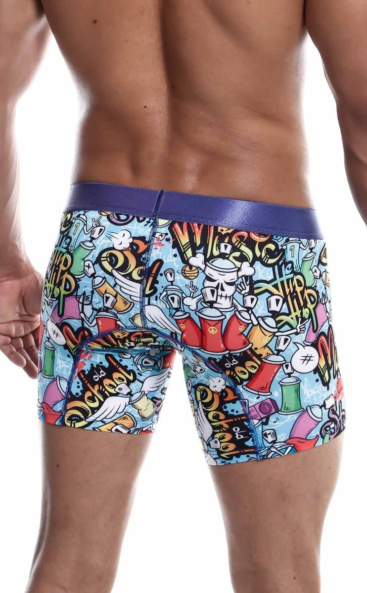 Malebasics hipster boxer brief comics feature vibrant graffiti print with colorful spray cans skulls on light blue fabric