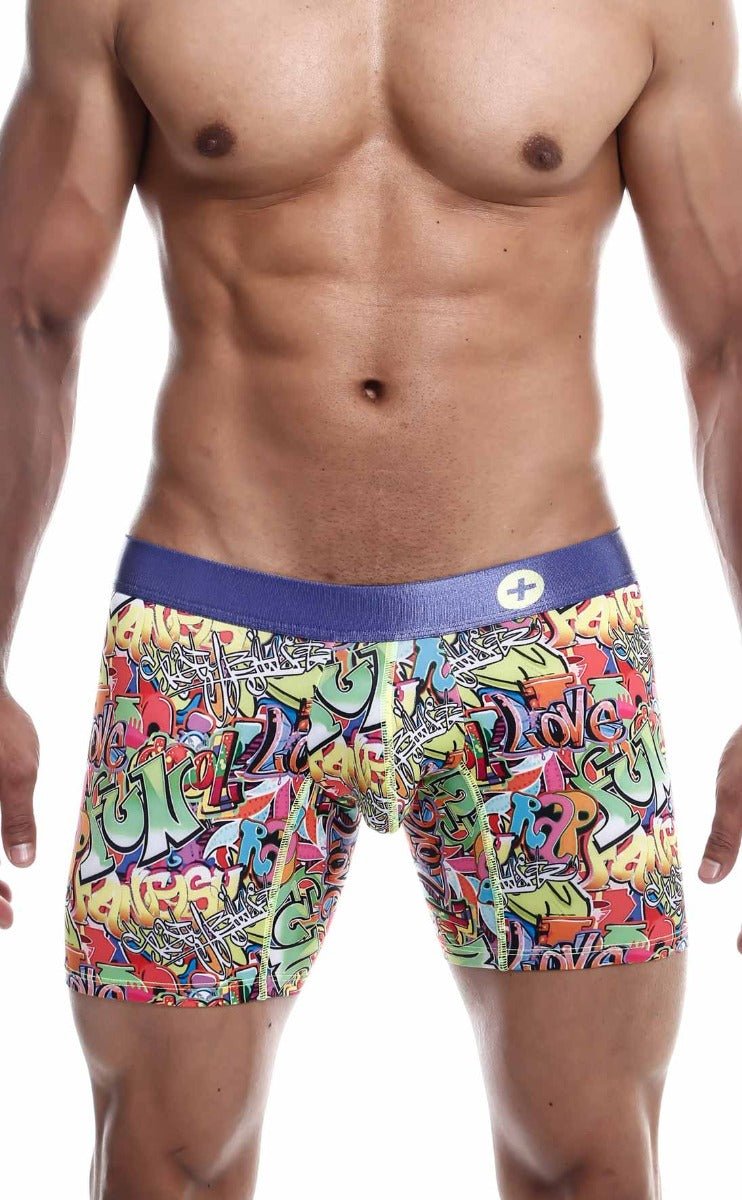 Malebasics hipster boxer brief comics with vibrant graffiti pattern and solid purple waistband for comfortable wear