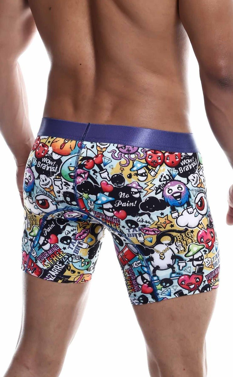 Malebasics hipster boxer brief comics with vibrant cartoon skull hearts graphics and purple waistband on white background