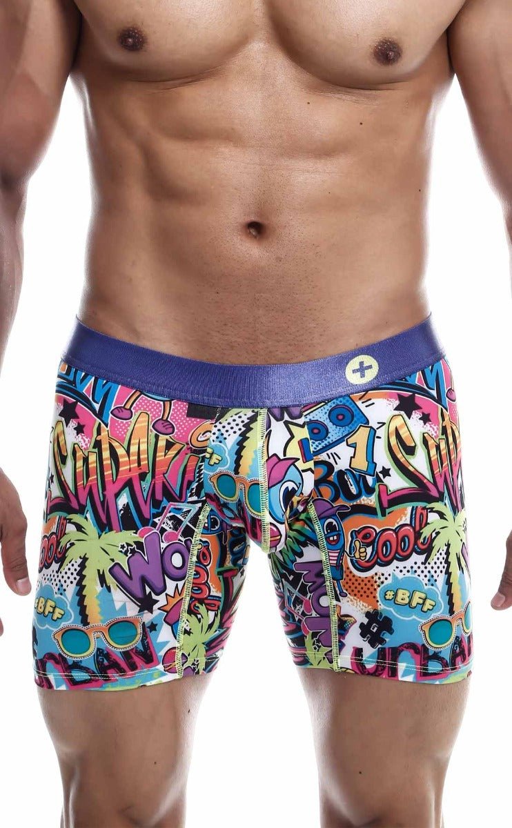 Malebasics hipster boxer brief comics with vibrant graffiti-inspired graphics and a purple waistband for men