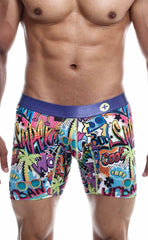 Malebasics hipster boxer brief comics with vibrant graffiti-inspired graphics and a purple waistband for men