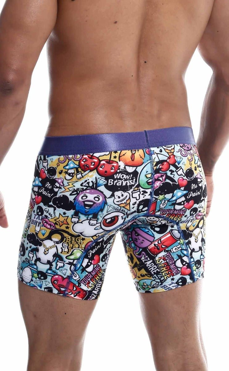 Malebasics hipster boxer briefs with vibrant cartoon doodles hearts multicolor pattern and purple waistband