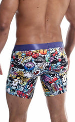 Malebasics hipster boxer briefs with vibrant cartoon doodles hearts multicolor pattern and purple waistband