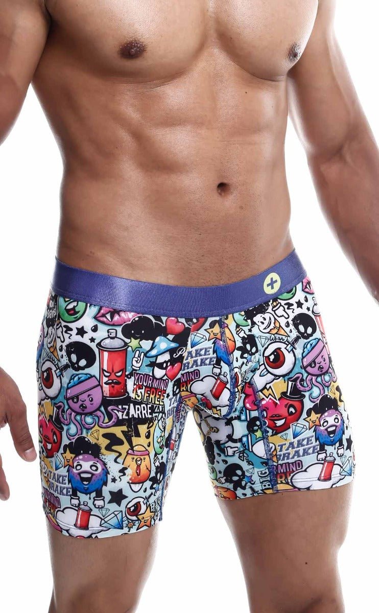 Malebasics hipster boxer brief comics with vibrant graffiti style print and purple elastic waistband for men