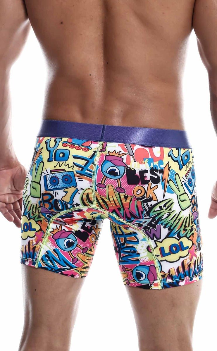 Malebasics hipster boxer briefs with vibrant comic book graphics purple waistband and retro boombox designs