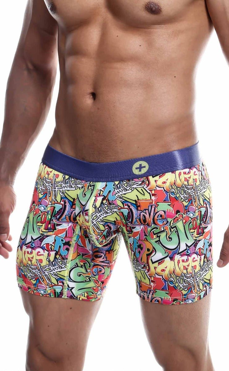Malebasics hipster boxer brief comics featuring vibrant graffiti pattern with solid blue waistband and yellow plus logo