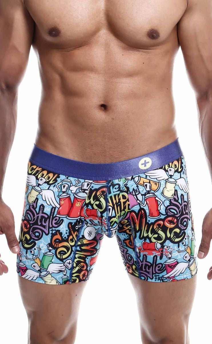 Malebasics hipster boxer brief comics featuring vibrant graffiti print with bold blue waistband on light blue fabric