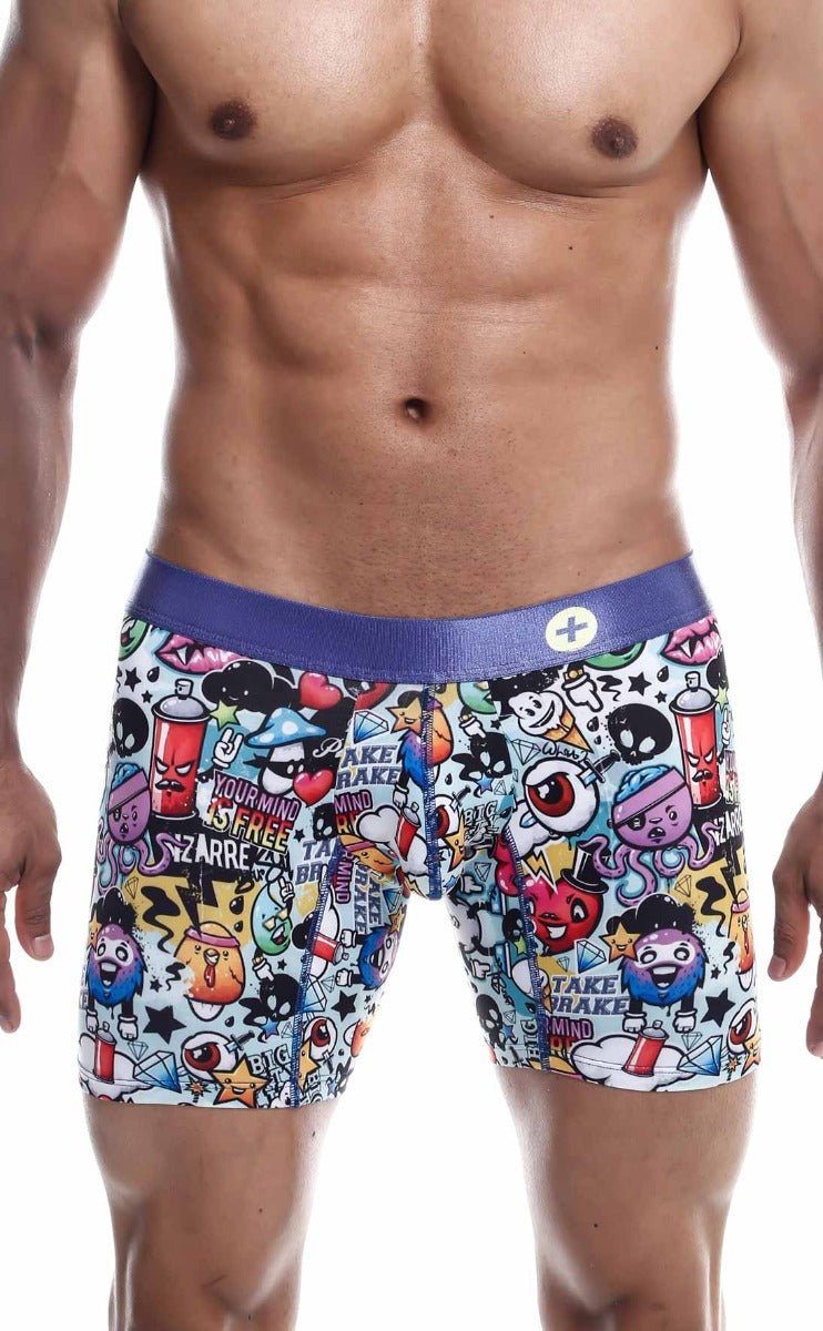 MaleBasics hipster boxer briefs with vibrant cartoon graffiti print on white fabric and a solid purple waistband