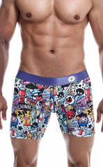 MaleBasics hipster boxer briefs with vibrant cartoon graffiti print on white fabric and a solid purple waistband