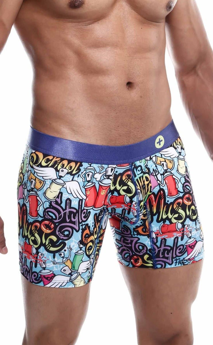 Malebasics hipster boxer brief comics with vibrant graffiti print light blue base purple waistband for stylish comfort