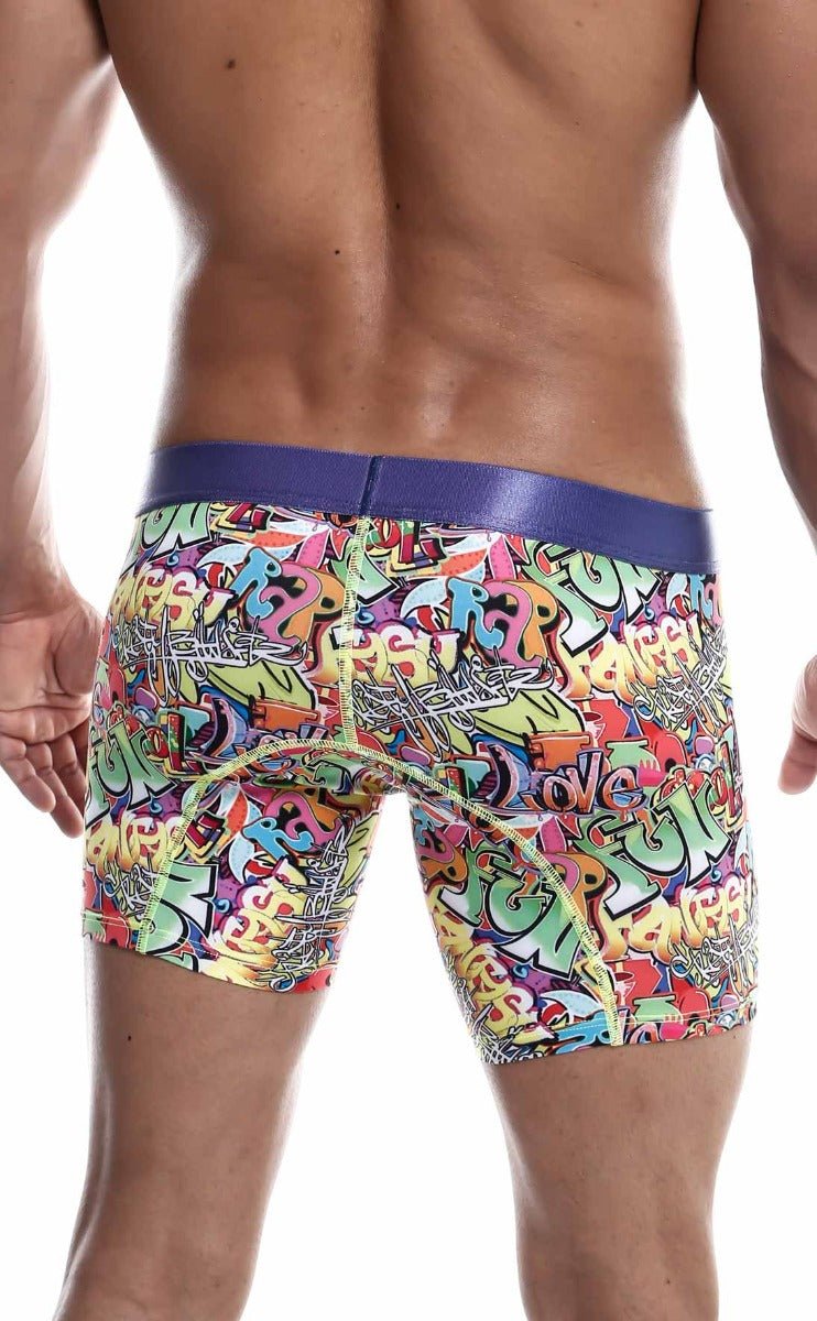 Vibrant graffiti-patterned male basics hipster boxer briefs with bold purple waistband for comfortable everyday wear