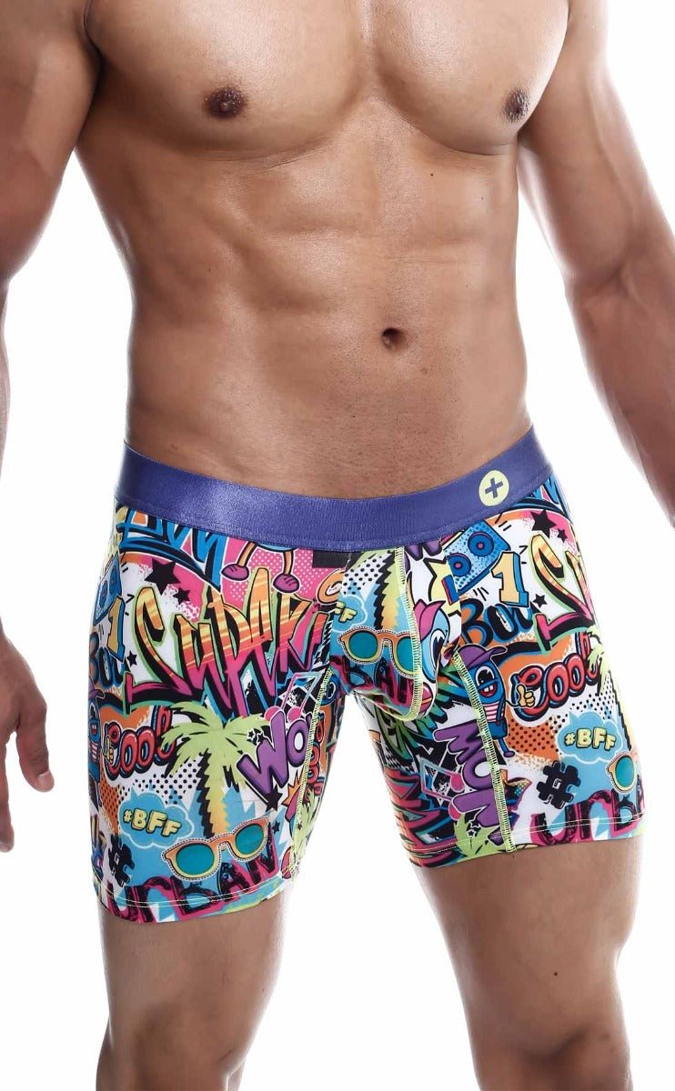 Malebasics hipster boxer brief comics featuring vibrant graffiti-inspired graphics and a purple elastic waistband