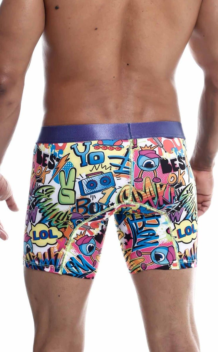 MaleBasics Hipster boxer briefs with vibrant comic book print and purple elastic waistband for comfortable everyday wear