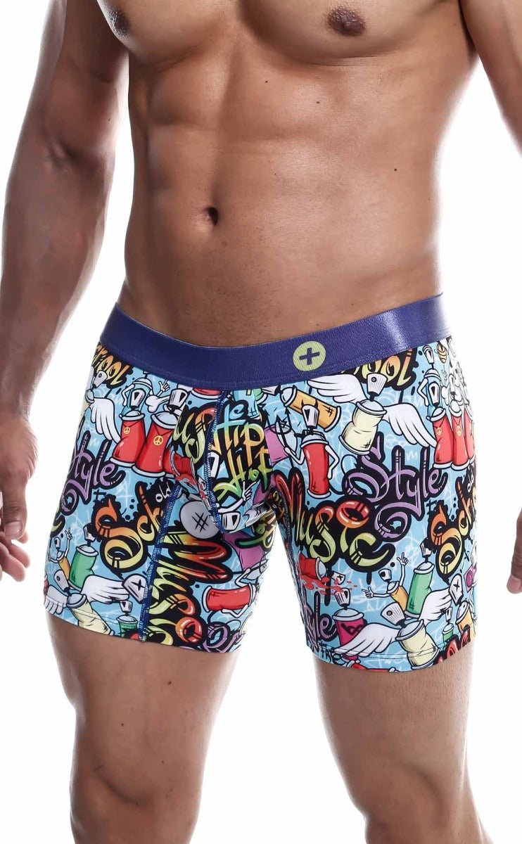 MaleBasics hipster boxer brief comics with light blue graffiti print spray paint cans stylized text and purple waistband