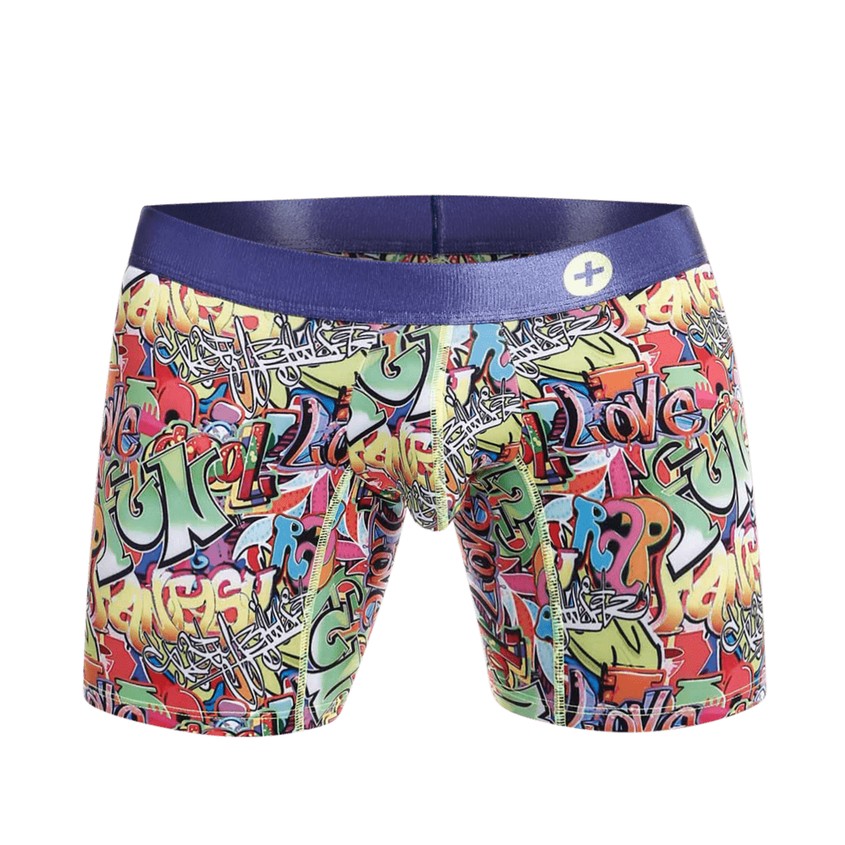 MaleBasics hipster boxer brief comics feature vibrant graffiti pattern with solid purple elastic waistband for men