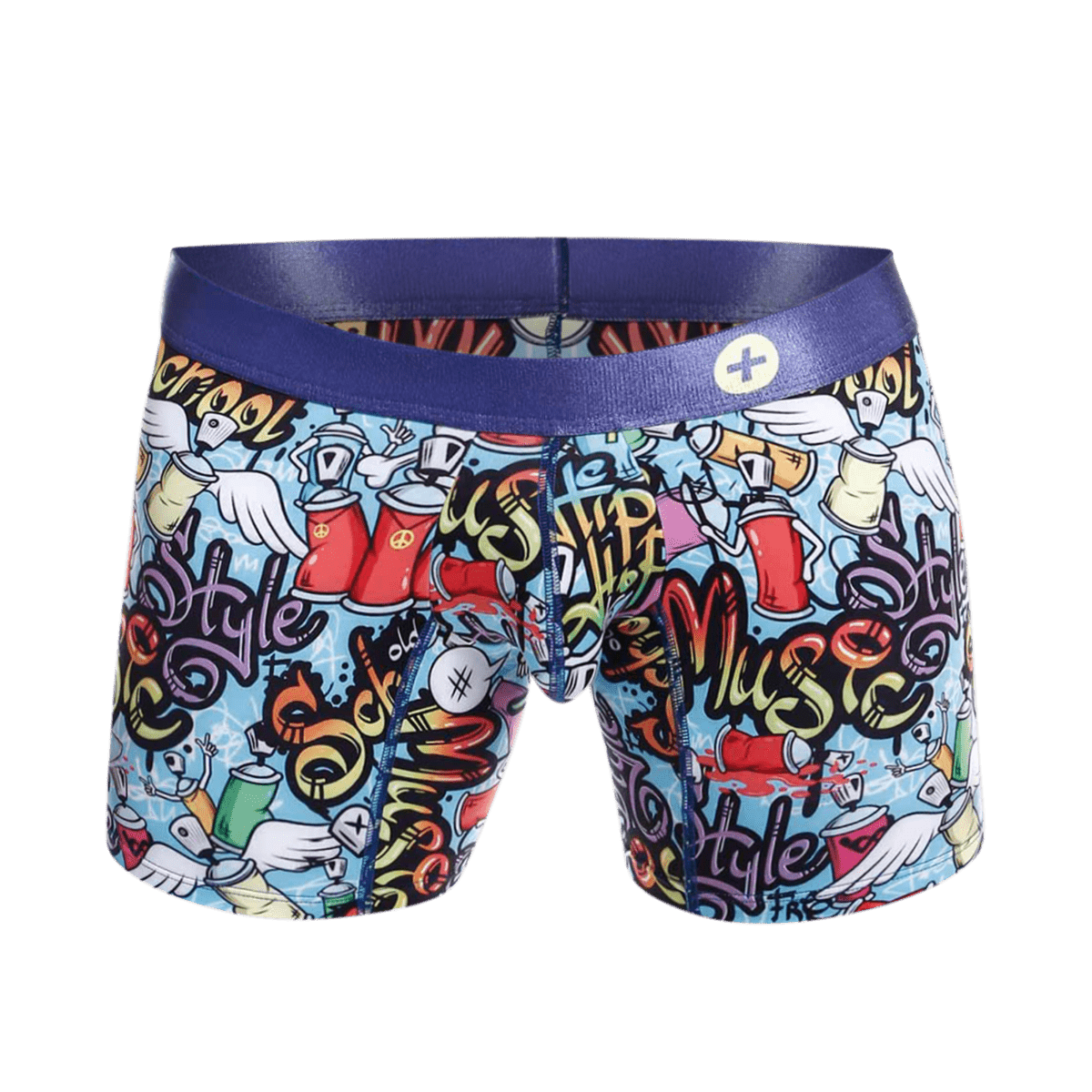 MaleBasics hipster boxer brief with blue waistband and vibrant graffiti design featuring spray cans wings style and music