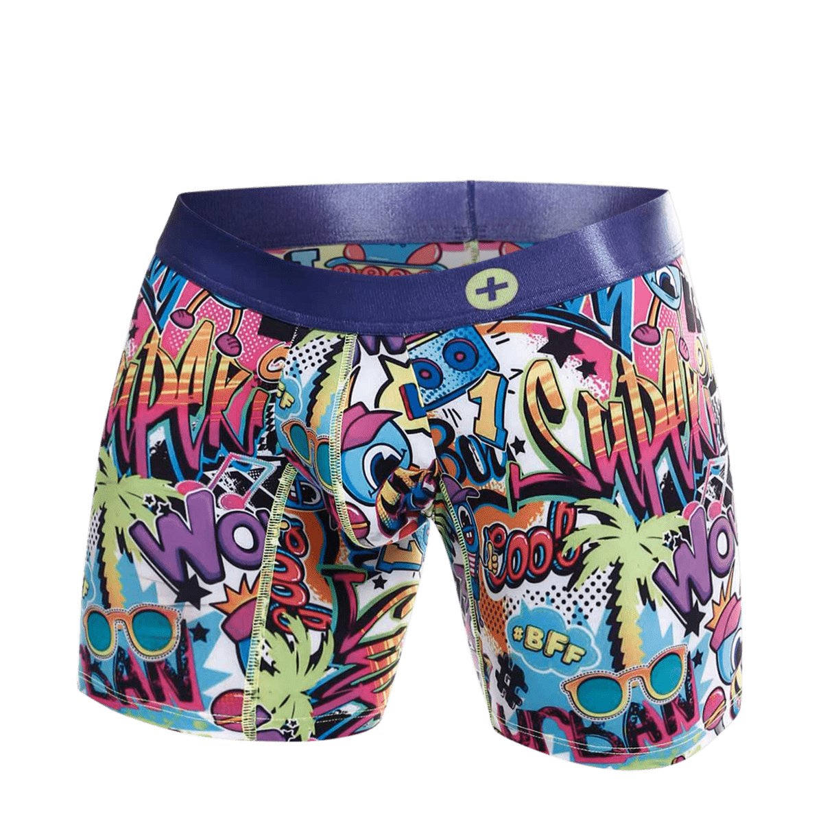 MaleBasics hipster boxer briefs with vibrant comic book graphics and a purple waistband in a graffiti style
