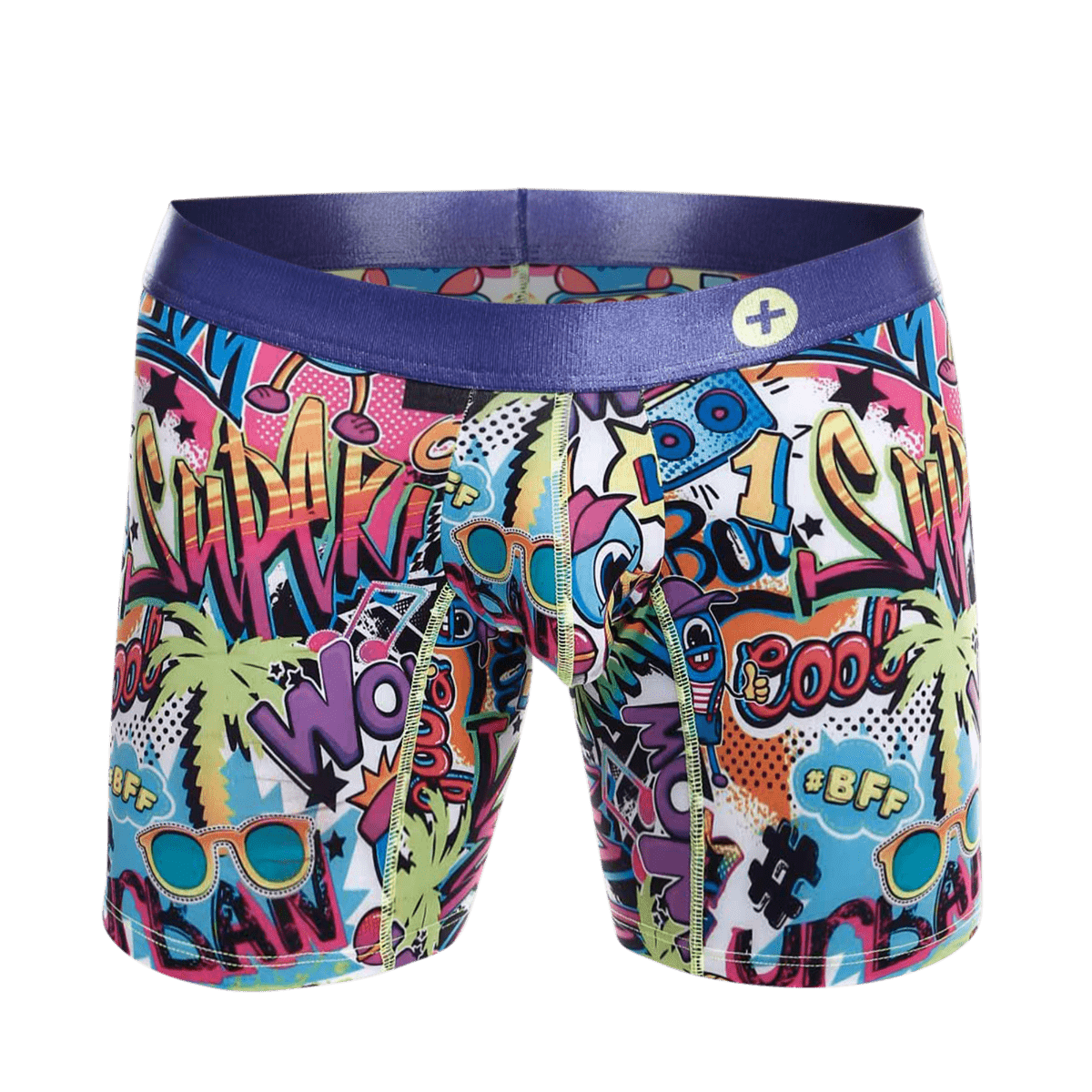 MaleBasics hipster boxer briefs with vibrant comic book graphics and a purple elastic waistband for men