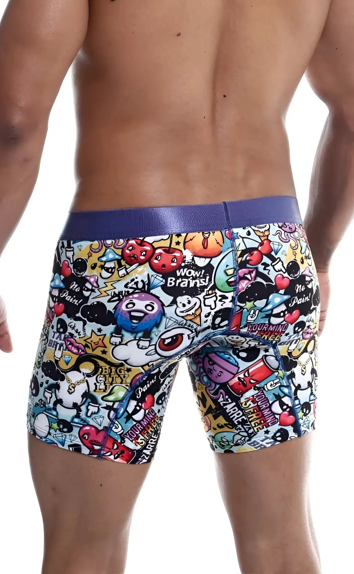 Male basics hipster boxer brief comics featuring vibrant cartoon doodles hearts and text with purple waistband