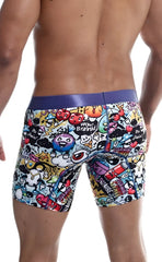 Male basics hipster boxer brief comics featuring vibrant cartoon doodles hearts and text with purple waistband