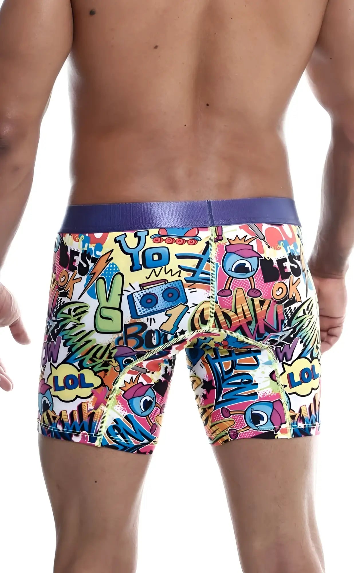 Malebasics hipster boxer brief comics with vibrant comic book print and purple elastic waistband for men