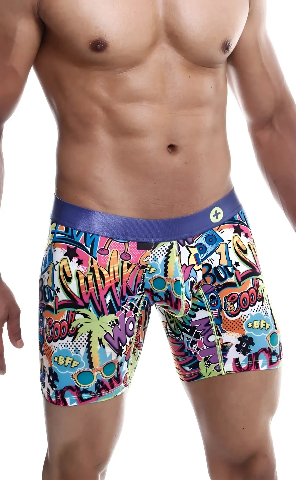 MaleBasics hipster boxer briefs with vibrant graffiti-inspired graphics and a purple elastic waistband for men