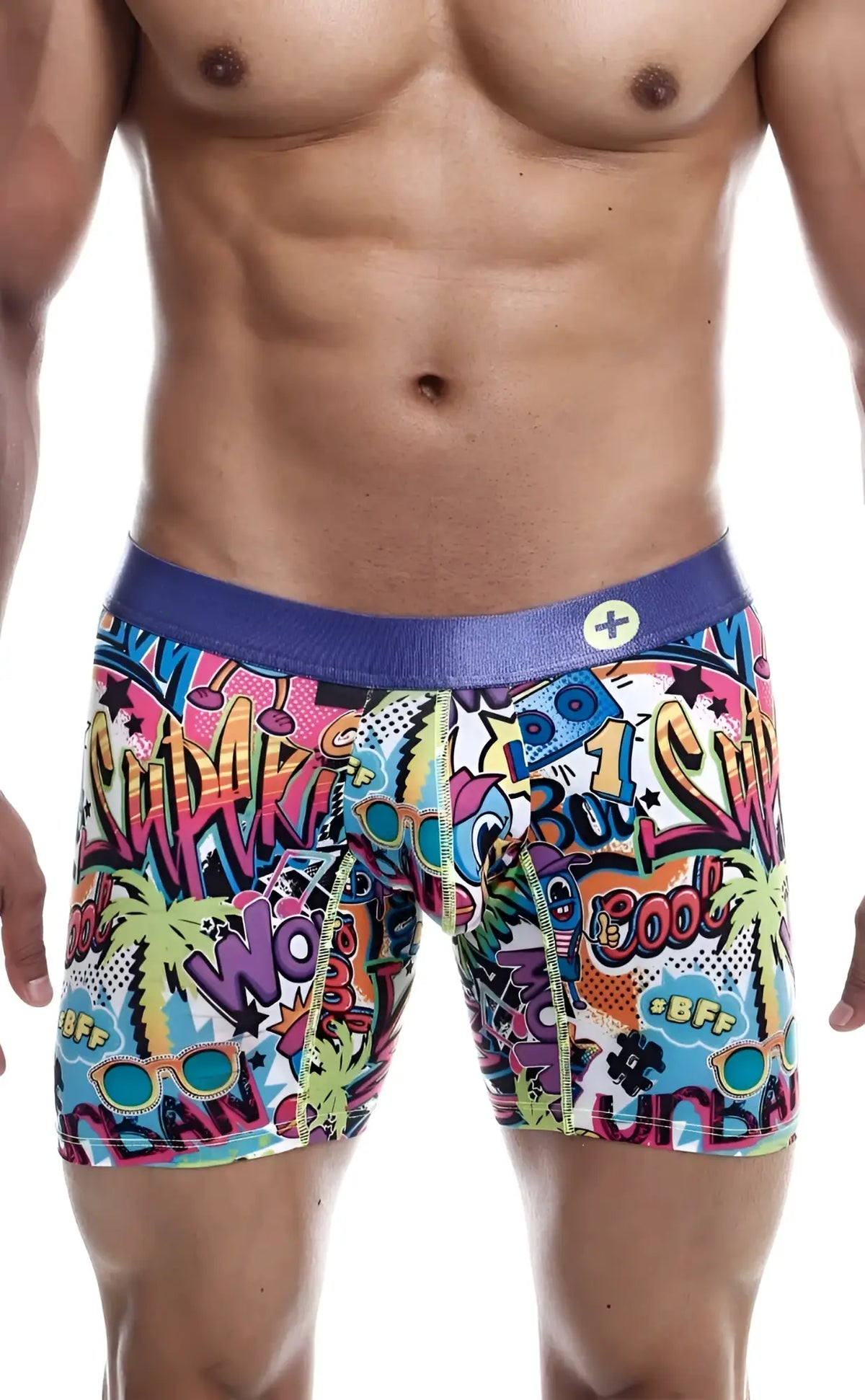 MaleBasics hipster boxer briefs with vibrant comic book-style colorful graffiti graphics and a purple waistband