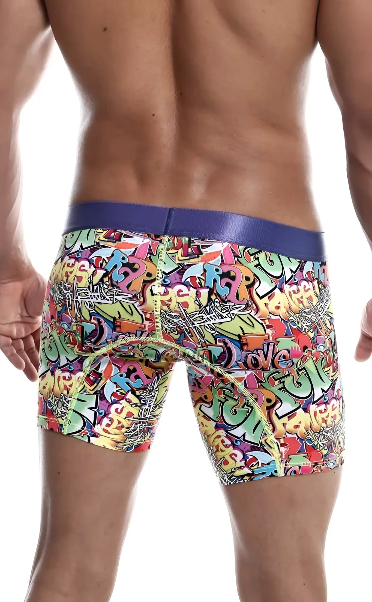 Malebasics hipster boxer brief comics featuring vibrant graffiti pattern and bold purple waistband for men