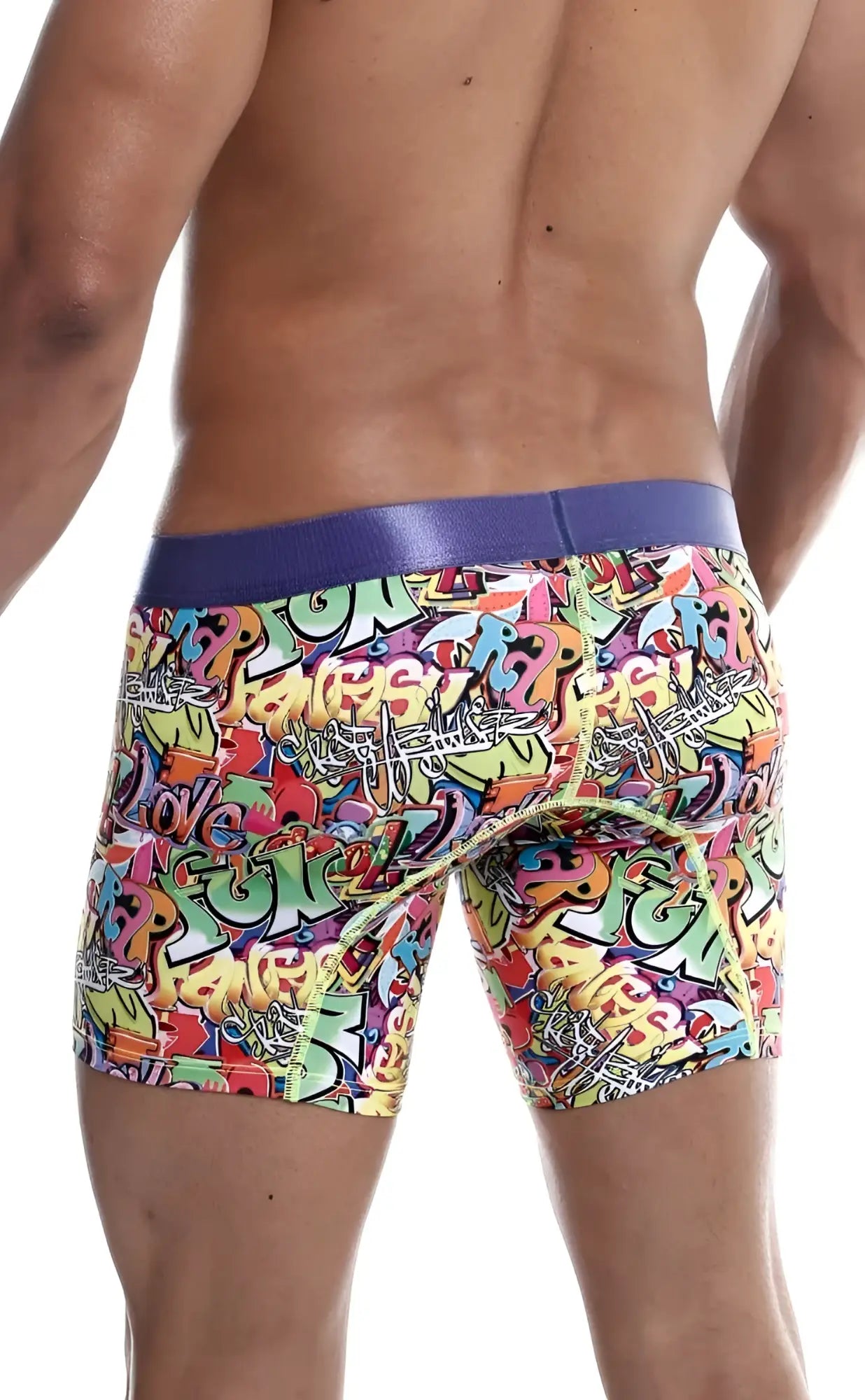 Malebasics hipster boxer brief comics with vibrant graffiti pattern and solid purple waistband for comfortable wear