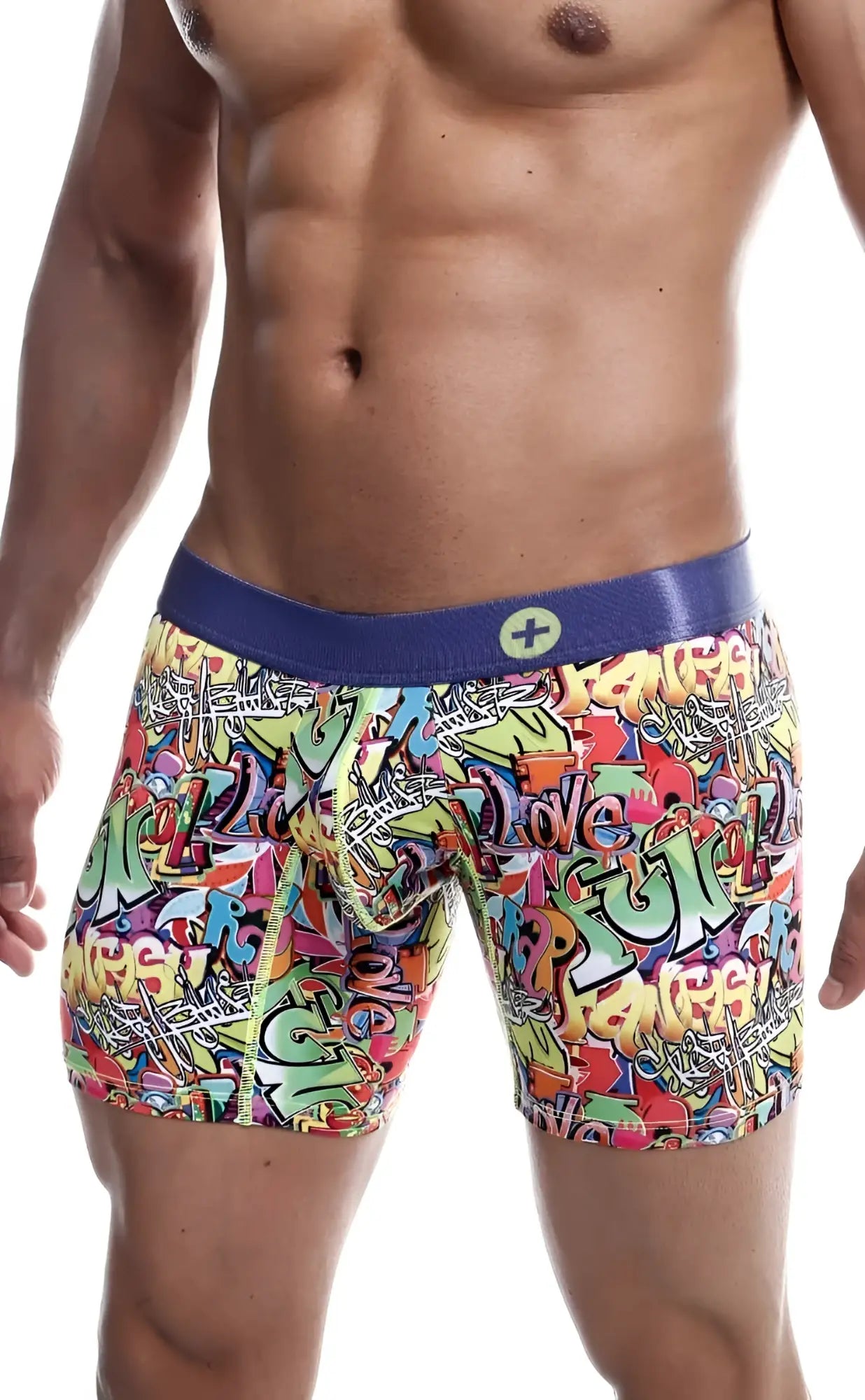 MaleBasics hipster boxer brief comics featuring vibrant graffiti pattern and solid blue waistband with yellow plus logo