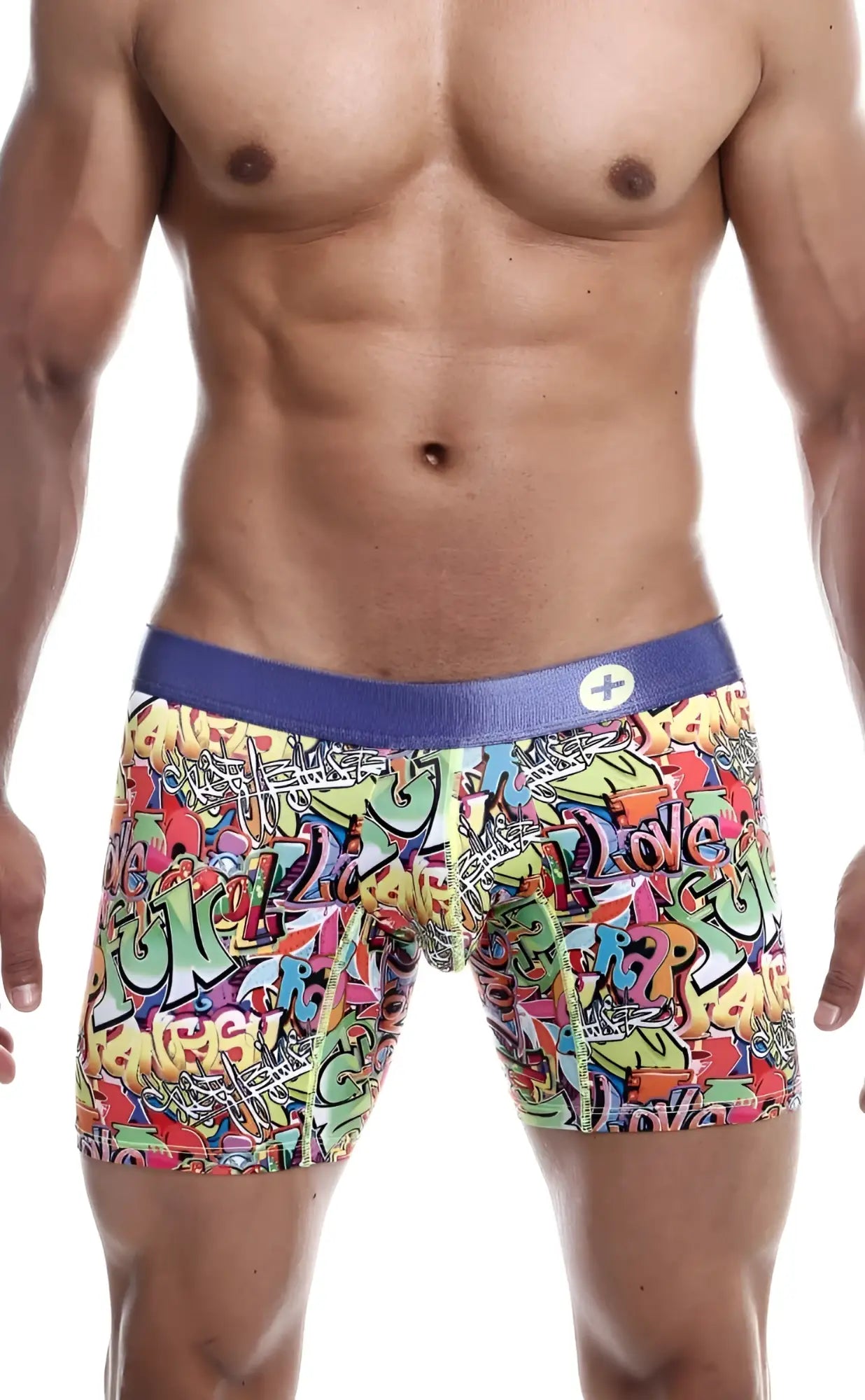 Malebasics hipster boxer brief comics with vibrant graffiti pattern and solid purple waistband for stylish comfort