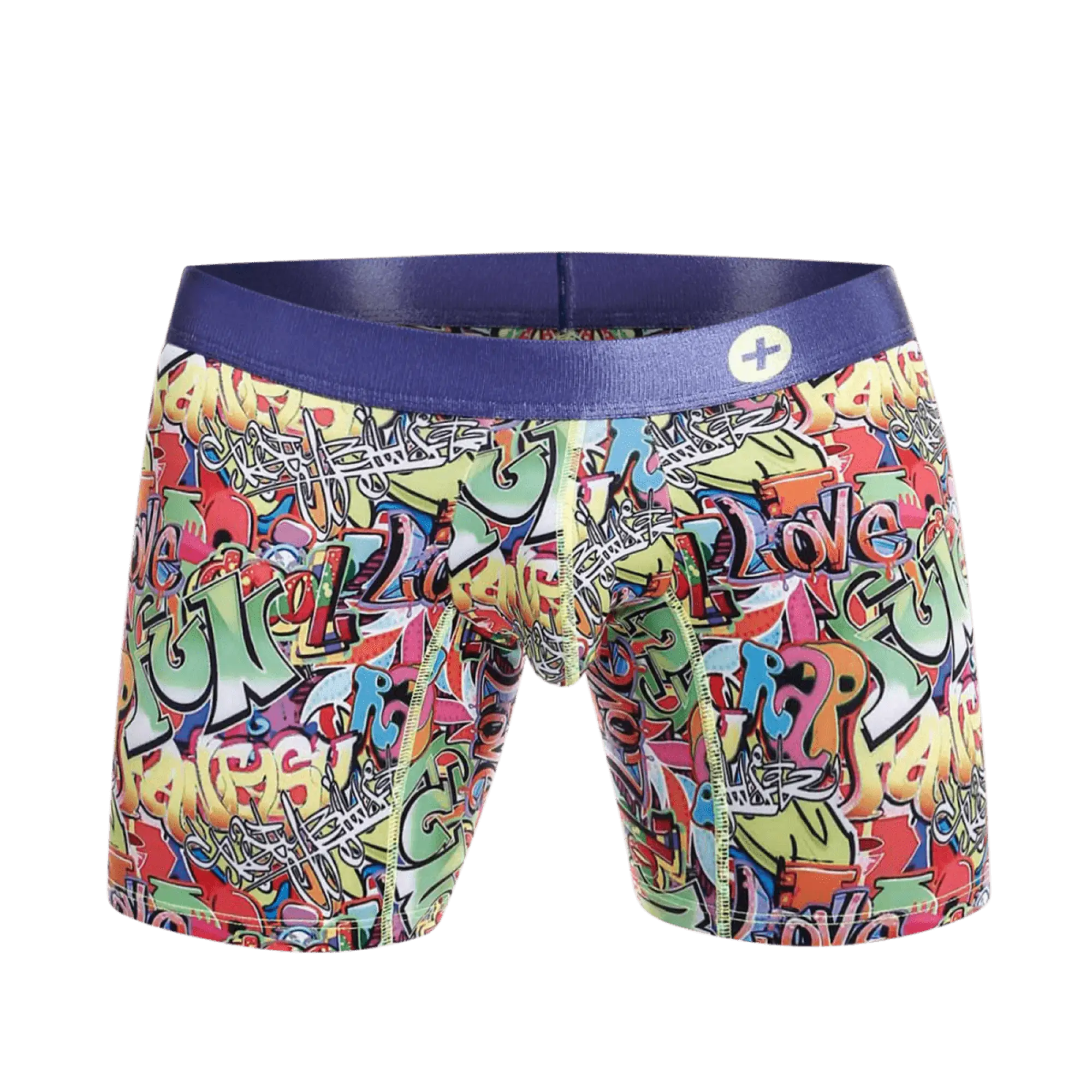 Malebasics hipster boxer brief comics featuring vibrant graffiti patterns with solid purple elastic waistband