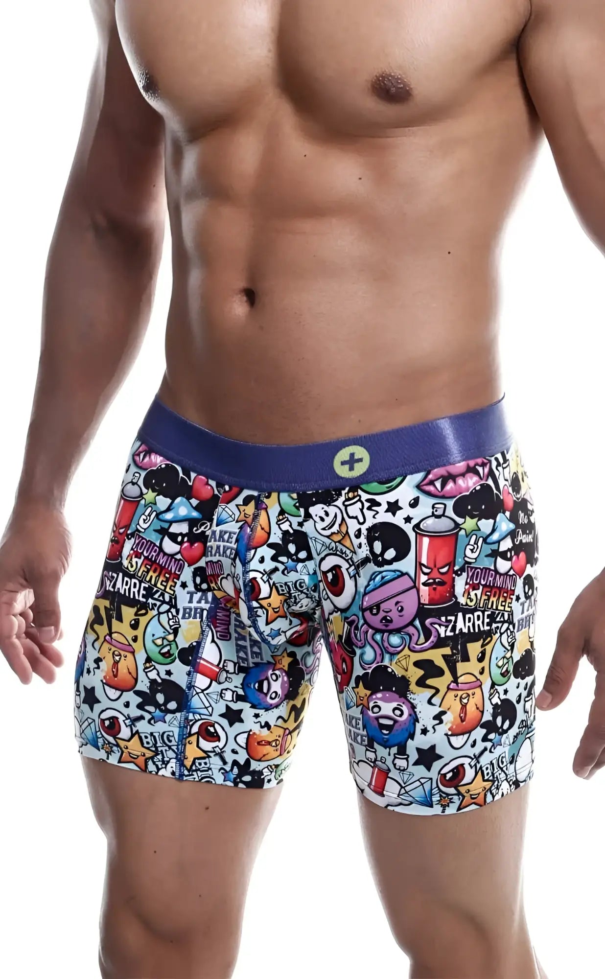 Vibrant graffiti style malebasics hipster boxer briefs with bold purple waistband and cartoon street art graphics