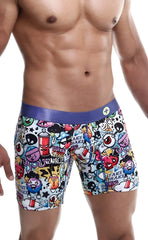 Malebasics hipster boxer brief comics with vibrant graffiti style print and purple elastic waistband for men