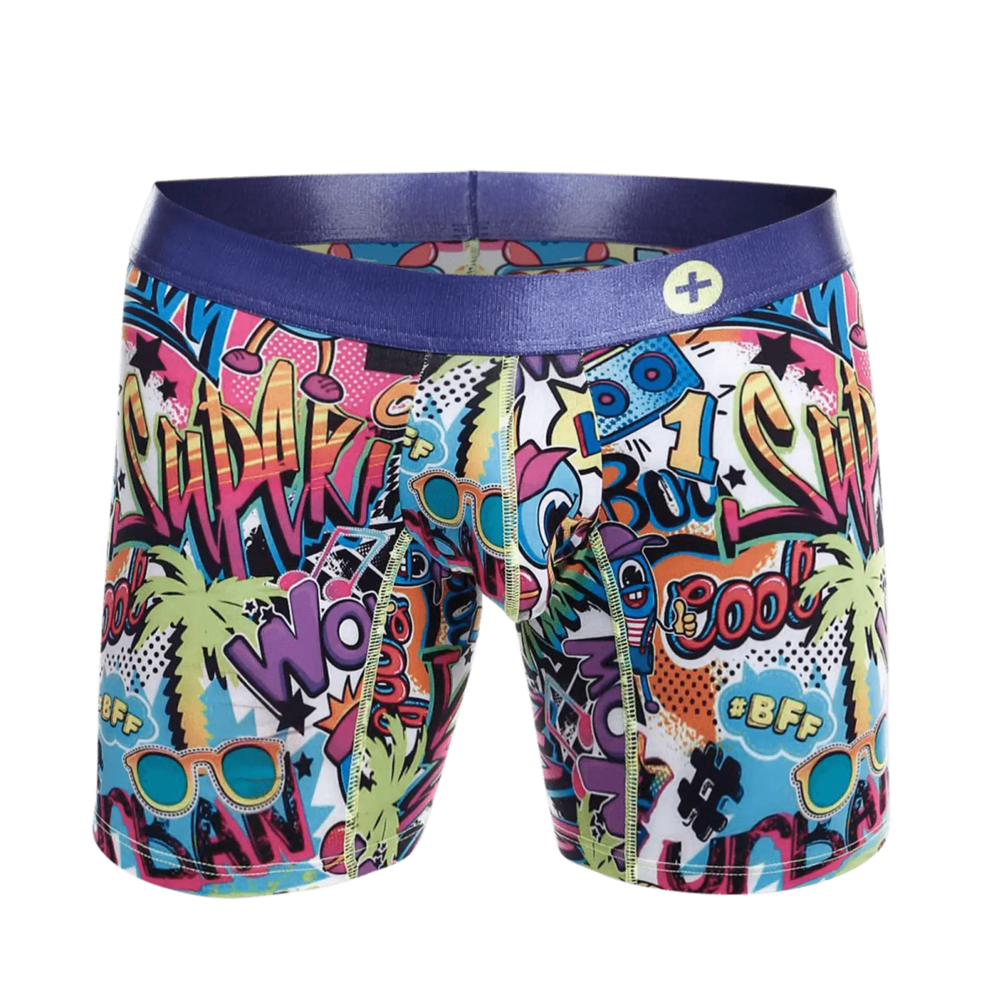 Malebasics hipster boxer brief comics featuring vibrant comic book graphics and a purple elastic waistband