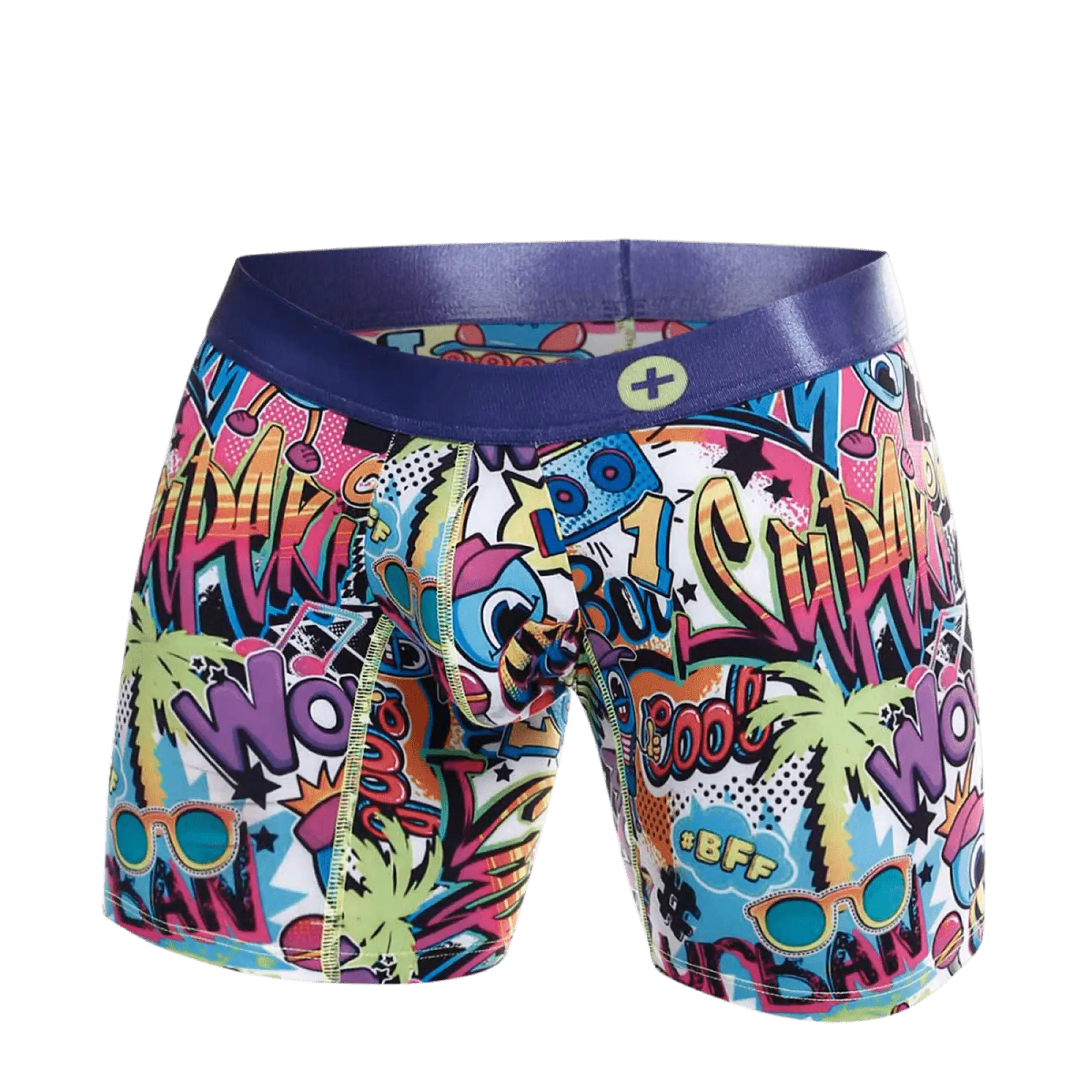 Malebasics hipster boxer brief comics featuring vibrant comic book graphics with a purple waistband