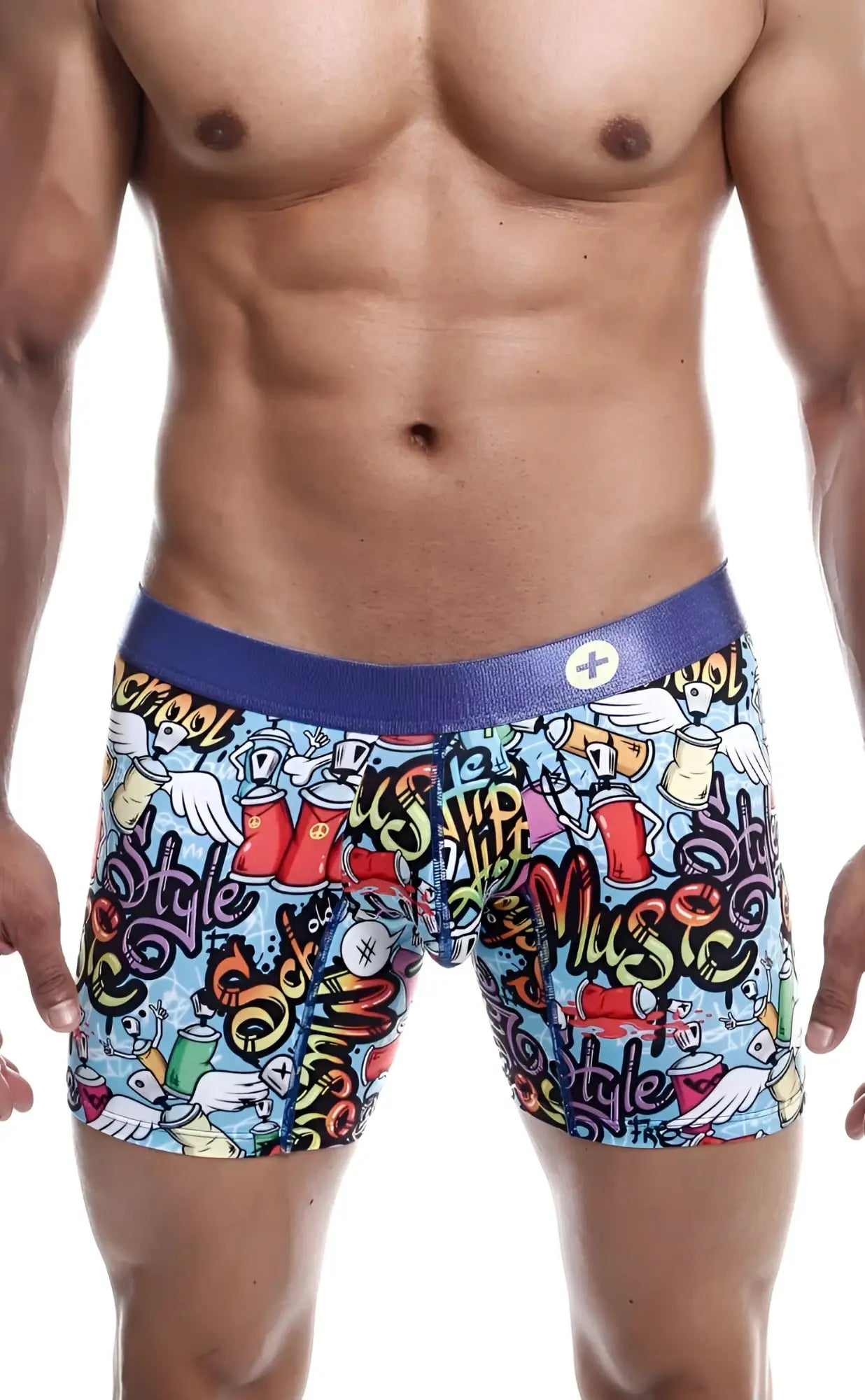 MaleBasics hipster boxer brief comics featuring vibrant graffiti spray paint graphics on light blue fabric with blue waistband