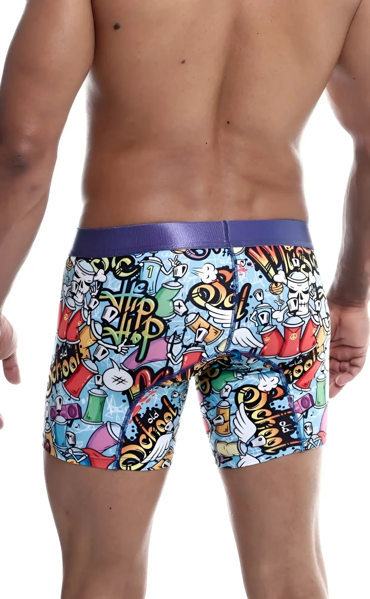 Malebasics hipster boxer brief comics with vibrant graffiti-themed colorful cartoon graphics and a purple waistband on light blue